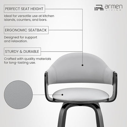 Armen Living Daxton Mid Century Modern Swivel Bar Stool for Kitchen Island Counter in Gray Faux Leather and Black Wood, 26" Seat Height