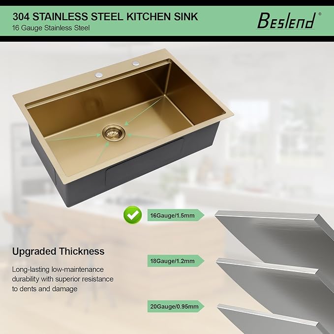 33x22 Drop In Gold Kitchen Sink - Beslend Stainless Steel Ledge Workstation Drop In Kitchen Sinks Gold Sink 16 Gauge Single Bowl Topmount Basin
