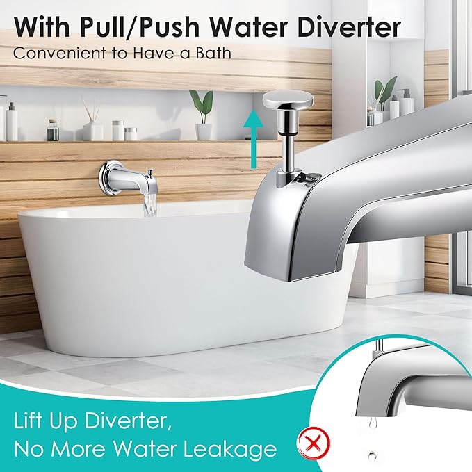 Universal Bathroom Tub Spout with Metal Tub Spout Cover Ring, 5 1/4 Inches Reach Wall Front Mount Faucet with Shower Diverter 1/2" IPS Inside Thread(Chrome)