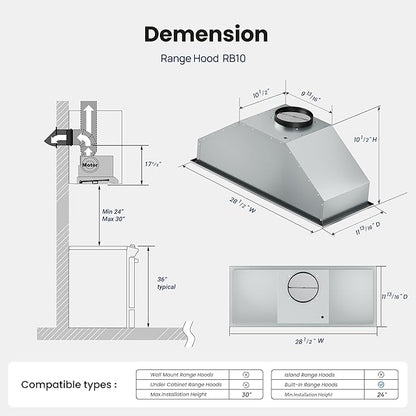 VIKIO HOME Range Hood Insert 30 Inch 900 CFM, 5-Layer Aluminum Mesh Filter, Ducted/Ductless Stainless Steel Built Kitchen Vent, 3-Speed Push Button Controls&LED Lights