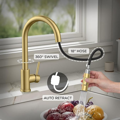 Gold Kitchen Faucet with Pull Down Sprayer, Stainless Steel Kitchen Sink Faucet Classic High Arc Single Handle with Deck Plate for 1 or 3 Hole, Fit for Farmhouse Bar Laundry Camper