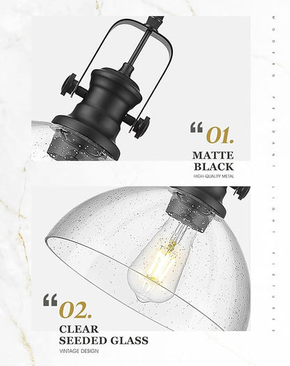 2-Pack Black Pendant Lights Kitchen Island, 10.5" Farmhouse Pendant Lighting with Clear Seeded Glass Shade, Vintage Hanging Light Fixtures for Dining Room, AD-22151-1P2L-BK