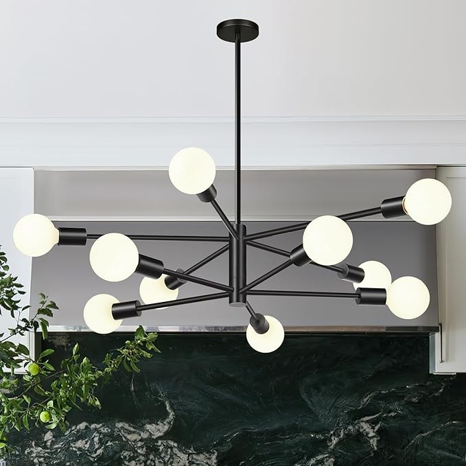 MQMQA Sputnik Chandeliers Dining Room Light Fixture (10-Light, 32-Inch), Modern Black Chandelier, Height Adjustable Mid Century Modern Chandeliers for Dining Room Kitchen Island (Bulbs Not Included)