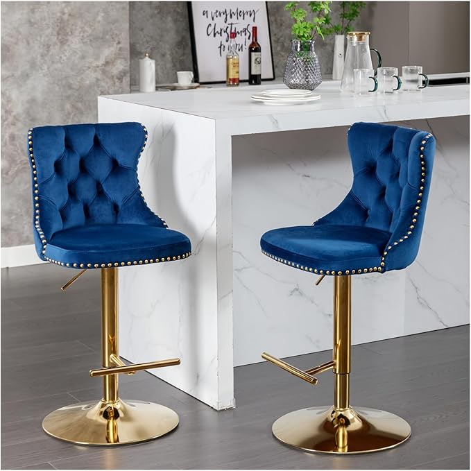 Golden Swivel Velvet Barstools Adjusatble Seat Height from 25-33 Inch,Modern Upholstered Bar Stools with Backs Comfortable Tufted for Home Pub and Kitchen Island,Blue,Set of 2