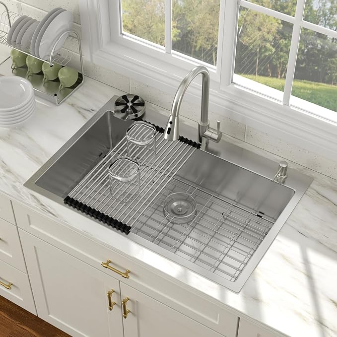 33x22 Drop In Kitchen Sink with Faucet Combo16 Gauge Stainless Steel Single Bowl Kitchen Sink Large Deep Round Corner Handmade Topmount Overmount Basin Kitchen Sinks