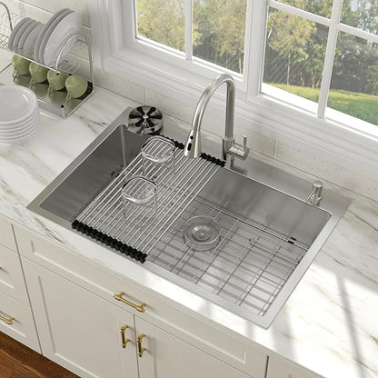 33x22 Drop In Kitchen Sink with Faucet Combo16 Gauge Stainless Steel Single Bowl Kitchen Sink Large Deep Round Corner Handmade Topmount Overmount Basin Kitchen Sinks