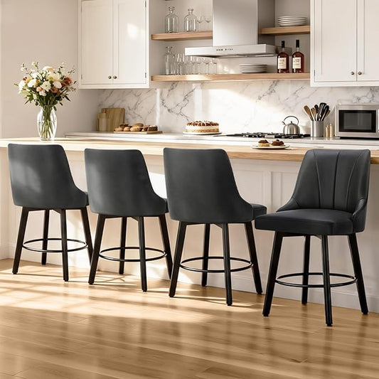 24" Counter Height Bar Stools Set of 4, Swivel Bar Stools with Backs, Faux Leather Upholstered Counter Barstools with Solid Wood Legs for Kitchen Island,Black
