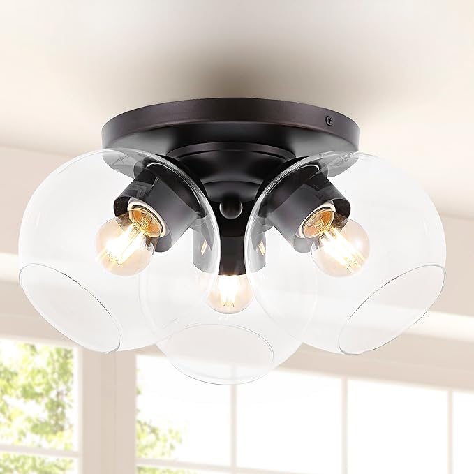 JONATHAN Y 11.5" Oil Rubbed Bronze 3-Light Semi Flush Mount Ceiling Light, Farmhouse Rustic Iron Fixture for Kitchen Bedroom, Clear Glass Shade, LED Bulbs Included JYL7568A