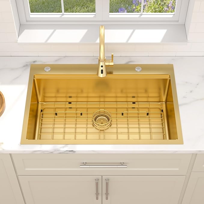 Dcolora 36 In. Gold Drop In Kitchen Sink, Workstation with Valued Accessories, Heavy Duty 16 Gauge 304 Stainless Steel Luxury Gold Nano-PVD, 36"x22"x10" Large Single Bowl #DC-T2533012GW