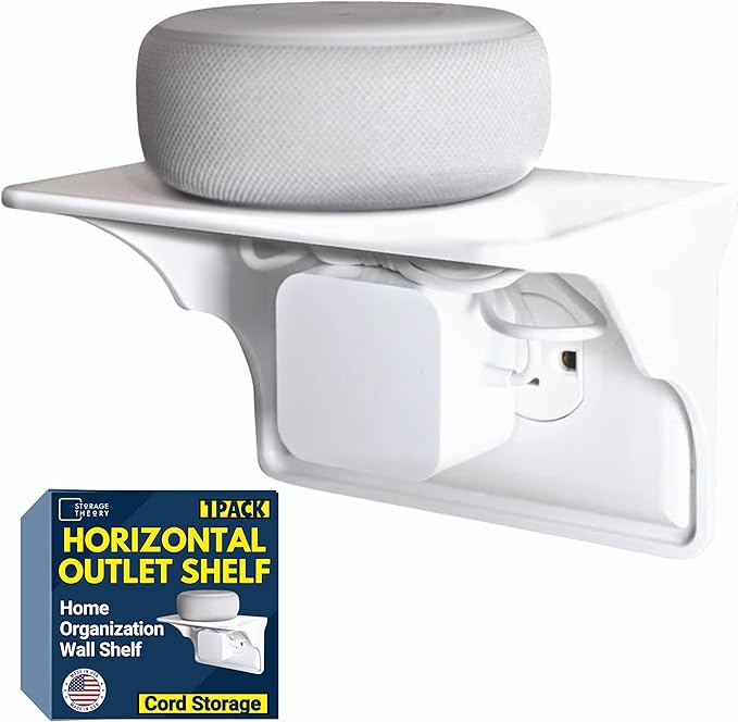 Power Perch Horizontal Wall Outlet Shelf with Cord Storage Strap - Declutter & Reclaim Bathroom Counter Space - Alexa Stand, Apple Homepod Shelf, Toothbrush Holders Wall Mounted - White, 1-Pack