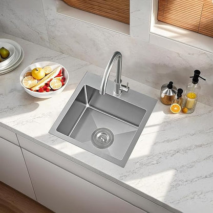 Comllen 18x18 Inch Drop in Bar Sink,Top Mount Handmade 16 Gauge Stainless Steel Small Kitchen Sink,9 Inch Deep Single Bowl Workstation Wet Bar Sink with Stainless Steel Grid & Strainer