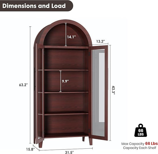 Garvee Arched Kitchen Pantry Storage Cabinet - 5-Tier Open Display Shelf with Glass Doors, Farmhouse Storage Cabinet for Kitchen, Dining Room, Living Room, Walnut