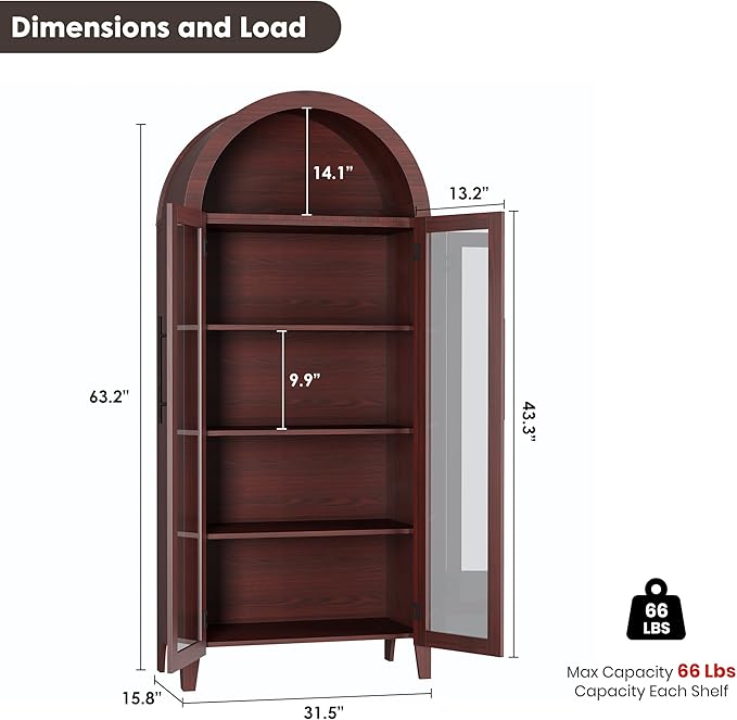 IDEALHOUSE Arched Kitchen Pantry Storage Cabinet - Farmhouse 5-Tier Display Shelf with 2 Large Glass Doors and Adjustable Shelf, Versatile Cupboard for Kitchen, Dining Room, Living Room, Walnut