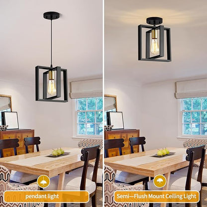 Farmhouse Small Pendant Light Fixture,Kitchen Island Hanging Lamp with Cord, Black+Gold Finish, Wood Frame Chandelier for Hallway Entryway Closet Bedroom,9.5 Inch,E26.