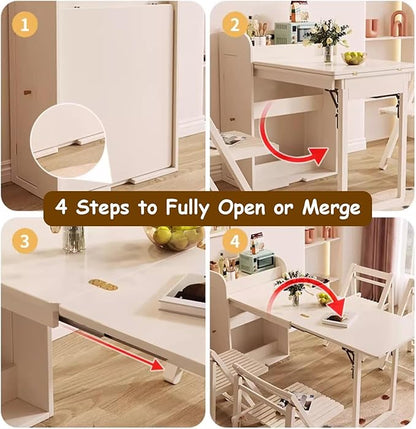 Kitchen Island with Extendable Table, Square Dining Table and 2 Chairs with Storage Cabinet, Pull-Out Design, Space-Saving, for Dining Room, Farmhouse