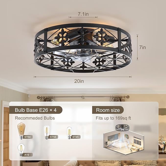 ZYD Caged Ceiling Fan with Light, 20" Ceiling Fan with Lights and Remote Flush Mount, Bladeless Caged Ceiling Fans with Lights, Matte Black Rustic Fan for Bedroom, Kitchen, Dining Room