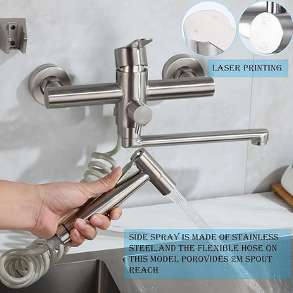 Wall Mount Kitchen Sink Faucet with Side Sprayer, Commercial Faucet, Nickel Brushed Unility Sink Faucet, Mixer Tap, 7.7-8.3 Inches Center, Spout Reach 9.2"