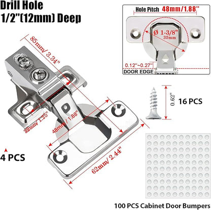 BESTEEL 4 Pack 1/2 inch Overlay Soft Close Cabinet Door Hinges for Kitchen Cabinet Hinge, 100 Degree Opening Angel, Stainless Concealed Kitchen Cabinets Hinge Self Closing with Mounting Screws &Manual