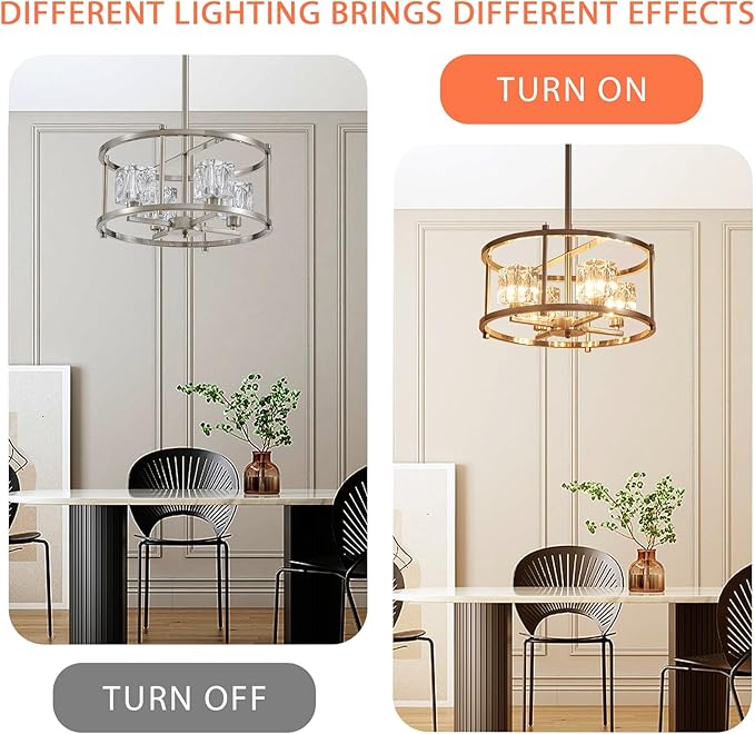 Brushed Nickel Ceiling Light Modern 4-Light Pendant Lighting Fixture 15.7" Adjustable Height Chandeliers with Glass Lampshade Rustic Round Lights for Bedroom Dining Room Kitchen Foyer
