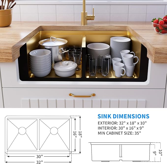 32 Inch Gold Sink Undermount Double Bowl, 16 Gauge 50/50 Double Bowl Stainless Steel Workstation Sink, 32"x18"x10" Large and Deep Kitchen Sink With Accessories
