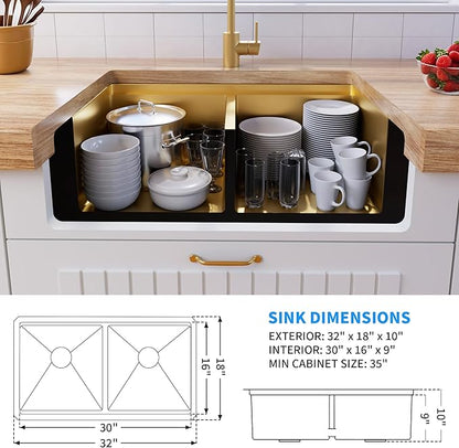 32 Inch Gold Sink Undermount Double Bowl, 16 Gauge 50/50 Double Bowl Stainless Steel Workstation Sink, 32"x18"x10" Large and Deep Kitchen Sink With Accessories