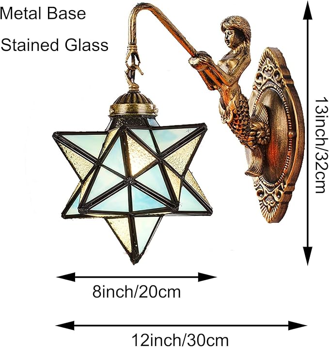 Moravian Star Wall Light with Tiffany Stained Glass Cover, Vintage Rustic Industrial Wall Sconce Retro Wall Mount Lamps Fixture 1-Light,Sky Blue
