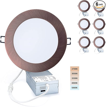 POPANU Premium LED Canless Recessed Downlight Ultra-Thin 5 CCT Adjustable Ceilling Light with Junction Box, 12W Color Temperature Selectable Lighting Fixture, Dimmable, 6 Pack, Oil Rubbed Bronze