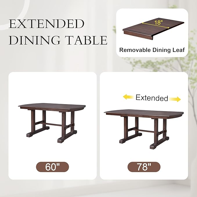 78" Expandable Island Table, Rustic Dining Table with Wooden Frame, Mid Century Dining Tables with Ergonomic Legs for Family Gatherings, Cherry