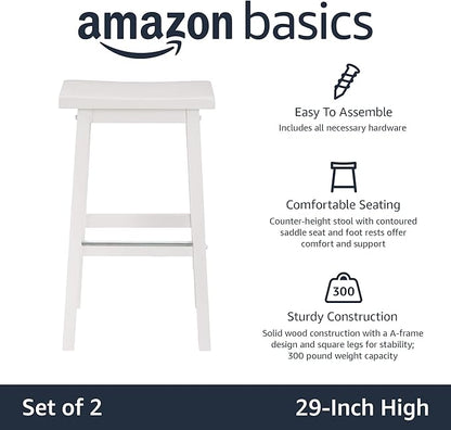 Amazon Basics Solid Wood Saddle-Seat Counter Height Bar Stools for Kitchen Island and Home Bar with Footrest, 29-Inch Height, White, Set of 2