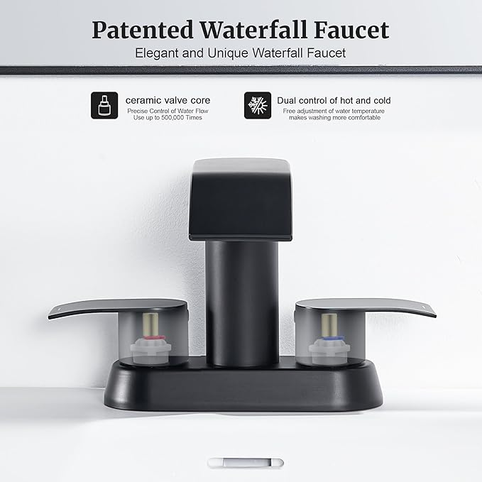 Ultimate Unicorn Black Waterfall Bathroom Faucet, 4 Inch Bathroom Sink Faucet for 3 Hole or 2 Hole, Anti-Splash Design Sink Faucets with Pop Up Drain, Easy Install for Vanity, RV, Lavatory