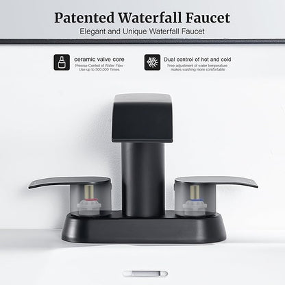 Ultimate Unicorn Black Waterfall Bathroom Faucet, 4 Inch Bathroom Sink Faucet for 3 Hole or 2 Hole, Anti-Splash Design Sink Faucets with Pop Up Drain, Easy Install for Vanity, RV, Lavatory