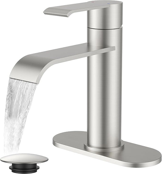 FORIOUS Brushed Nickel Bathroom Faucet Single Hole Waterfall with Single Lever Waterfall Bathroom Faucet 1 Hole for RV, Lavatory Sink Tap with Adapter Deck Plate, Pop Up Drain and 24" Hose