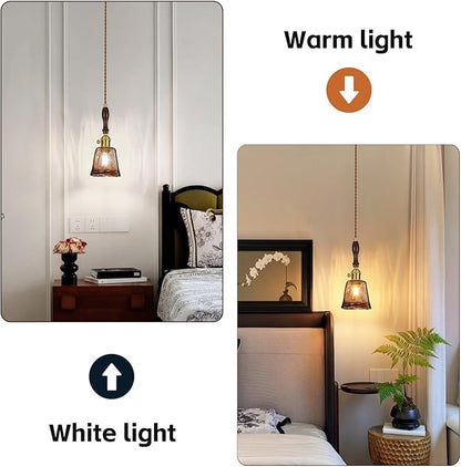 Amber Glass Vintage Pendant Light Height Adjustable Handmade Glass Pendant Lights Kitchen Island Gold Hanging Light Fixture with Wood Handle for Bedroom Dining Room Hotel (2Pack)
