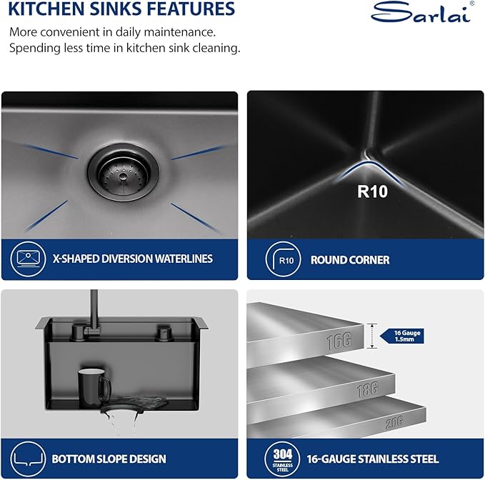 Sarlai Black Undermount Bar Sink With Foldable Faucet - 18x18 Inch Outdoor Black Kitchen Sink RV Workstation 16 Gauge Stainless Steel Single Bowl Handmade Outdoor BBQ Sinks with Lid
