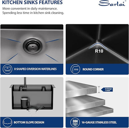 Sarlai Black Undermount Bar Sink With Foldable Faucet - 18x18 Inch Outdoor Black Kitchen Sink RV Workstation 16 Gauge Stainless Steel Single Bowl Handmade Outdoor BBQ Sinks with Lid