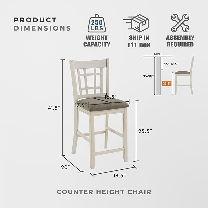 Lexicon Counter Height Stools Set of 2 - Meyer Kitchen Counter Stools Upholstered Foam Padded Seat, Lattice Back, Solid Wood Frame, Farmhouse Oak Chair, 25.5" Seat Height, Antique White