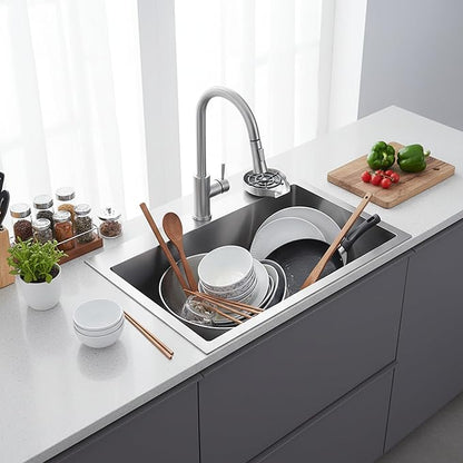 Kitchen Sink, 304 Stainless Steel Sink, Single Bowl, Drop In Kitchen Sink with Complete Accessories, Perfect for Homes, Apartments, and Modern Kitchens in All Settings(Stainless Steel, 33 * 18 in)