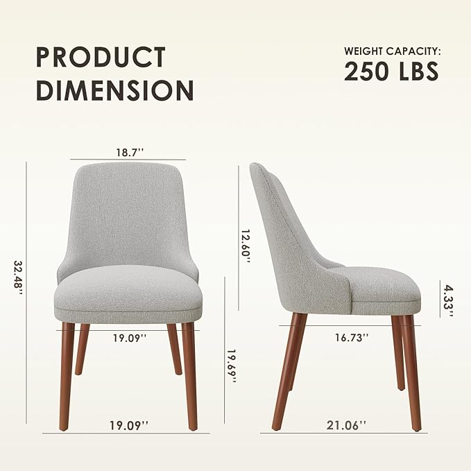MALOL Dining Room Chair Set of 2, Upholstered Kitchen Chairs with Wood Legs, High-Back Padded Dining Chairs for Dining Room/Restaurant/Cafe, Light Grey