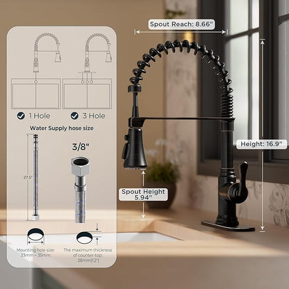 FORIOUS Rustic Kitchen Faucet with Pull Down Sprayer Oil Rubbed Bronze, 3 Modes Stainless Steel High Arc Vintage Spring Sink Faucet 1 or 3 Holes for Pot Filler, Farmhouse Camper Wet Bar