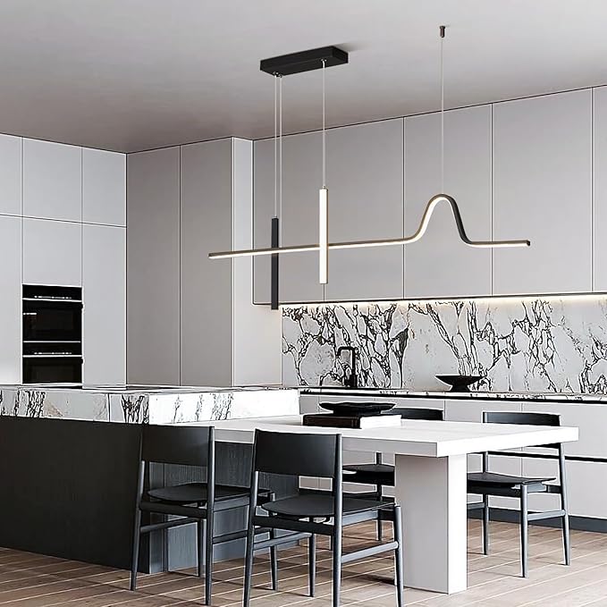 KCO Modern Linear Black Pendant Light Dimmable LED Hanging Chandelier Lights Farmhouse Long Dining Room Hanging Light Fixture Adjustable Kitchen Adjustable Island Lights for Kitchen