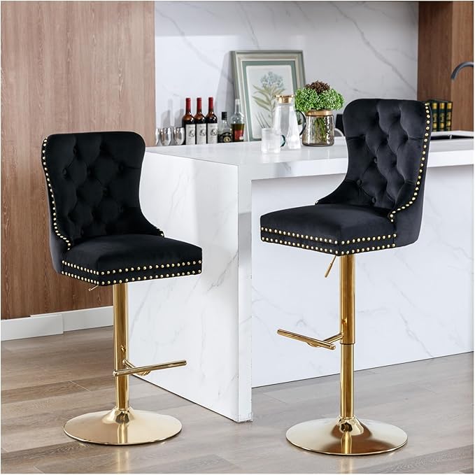 Thick Golden Swivel Velvet Barstools Adjusatble Seat Height from 27-35 Inch, Modern Upholstered Bar Stools with Backs Comfortable Tufted for Home Pub and Kitchen Island