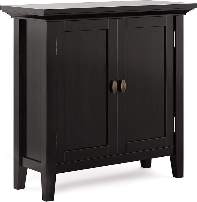 SIMPLIHOME Redmond Storage Cabinet - 32 inch Wide Solid Wood 2-Shelf Low Storage Cabinet in Hickory Brown, Transitional Accent Cabinet for Entryway with Adjustable Shelves and Tapered Legs