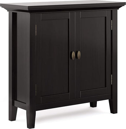 SIMPLIHOME Redmond Storage Cabinet - 32 inch Wide Solid Wood 2-Shelf Low Storage Cabinet in Hickory Brown, Transitional Accent Cabinet for Entryway with Adjustable Shelves and Tapered Legs