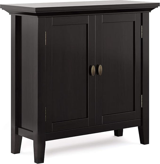 SIMPLIHOME Redmond Storage Cabinet - 32 inch Wide Solid Wood 2-Shelf Low Storage Cabinet in Hickory Brown, Transitional Accent Cabinet for Entryway with Adjustable Shelves and Tapered Legs