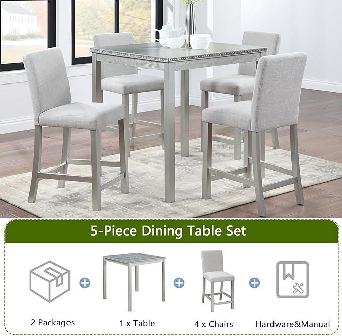 5 Piece Counter Height Dining Table Set for 4, Elegant Wooden Kitchen Table and 4 Upholstered Chairs with Crystal Decoration, Square Dining Table Set for Kitchen and Dining Room, Silver Grey
