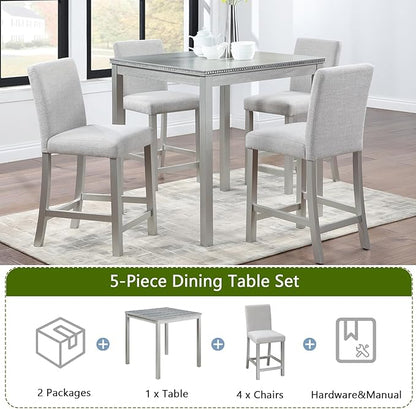 5 Piece Counter Height Dining Table Set for 4, Elegant Wooden Kitchen Table and 4 Upholstered Chairs with Crystal Decoration, Square Dining Table Set for Kitchen and Dining Room, Silver Grey