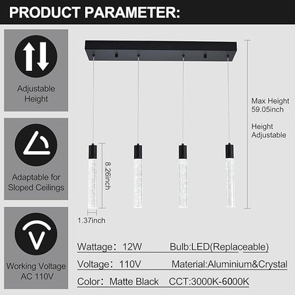 4 Light Pendant Lights Kitchen Island, Modern Matte Black Crystal Pendants with Dimmable 3000K-6000K LED Ceiling Hanging Light Fixture for Dining Room Bedroom, Adjustable Height 59"