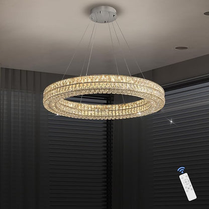Modern Luxury Crystal Chandelier for Dining Room 32" LED Ring Pendant Light Adjustable Dimmable 2700k-6000k