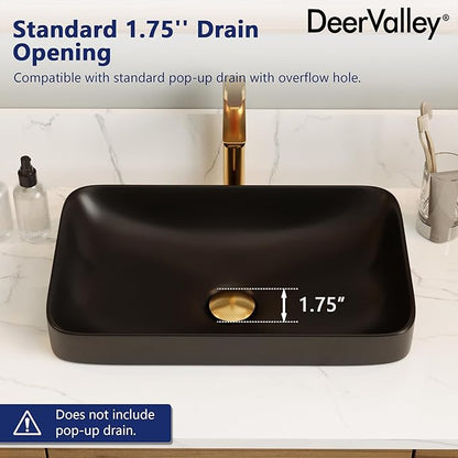 DeerValley Matte Black Semi-Recessed Rectangle Vessel Sink 18.9x11.61 Inch, Above Counter Ceramic Vanity Basin for Modern Bathroom Decor