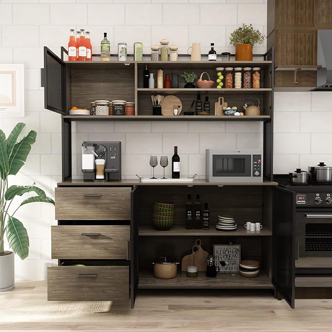AGOTENI Large Kitchen Hutch Cabinet, Storage Cupboard Pantry with 3 Metal Doors, 3 Drawers & Microwave Shelf, for Kitchen Open Storage, Walnut (59" W x 15.7" D x 68.5" H)